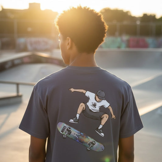 Charcoal Grey Germ Skateboarder Kickflip Graphic Tee by Paddle Frogs™
