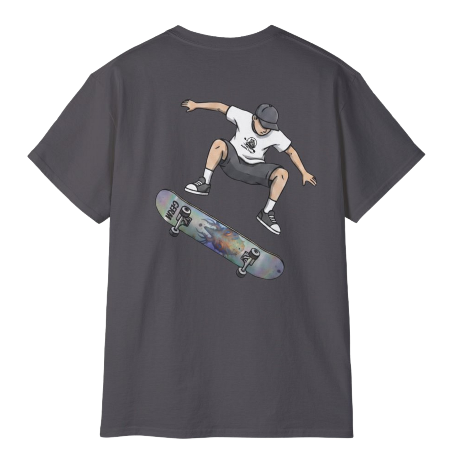 Charcoal Grey Germ Skateboarder Kickflip Graphic Tee by Paddle Frogs™ on a transparent background