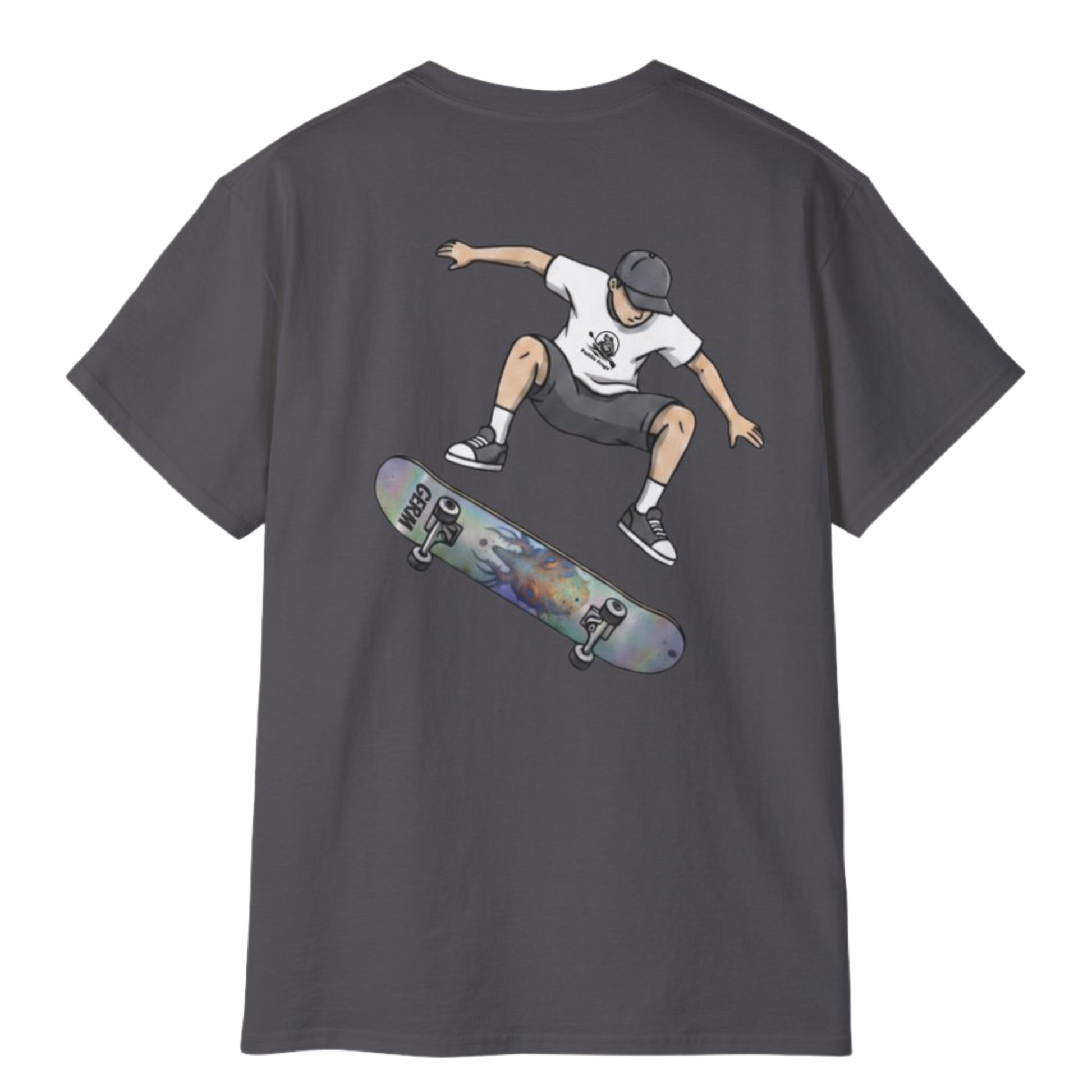 Charcoal Grey Germ Skateboarder Kickflip Graphic Tee by Paddle Frogs™ on a transparent background