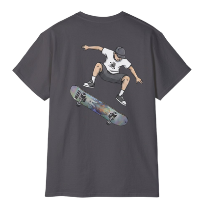 Charcoal Grey Germ Skateboarder Kickflip Graphic Tee by Paddle Frogs™ on a transparent background