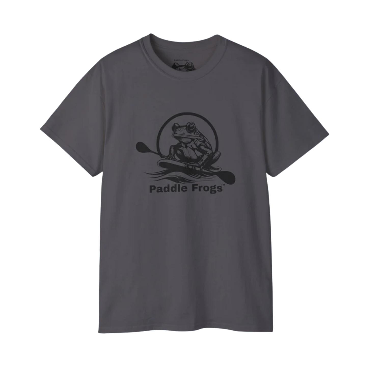 Charcoal Gray t-shirt with 'Paddle Frogs' graphic on a white background