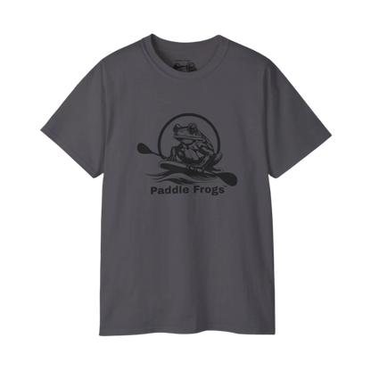 Charcoal Gray t-shirt with 'Paddle Frogs' graphic on a white background