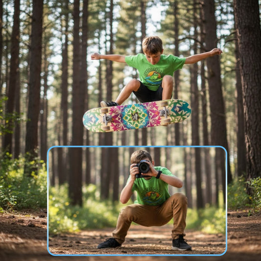 Child photographer and skater collage wearing the Green Machine Paddle Boarding Frog tee by Paddle Frogs