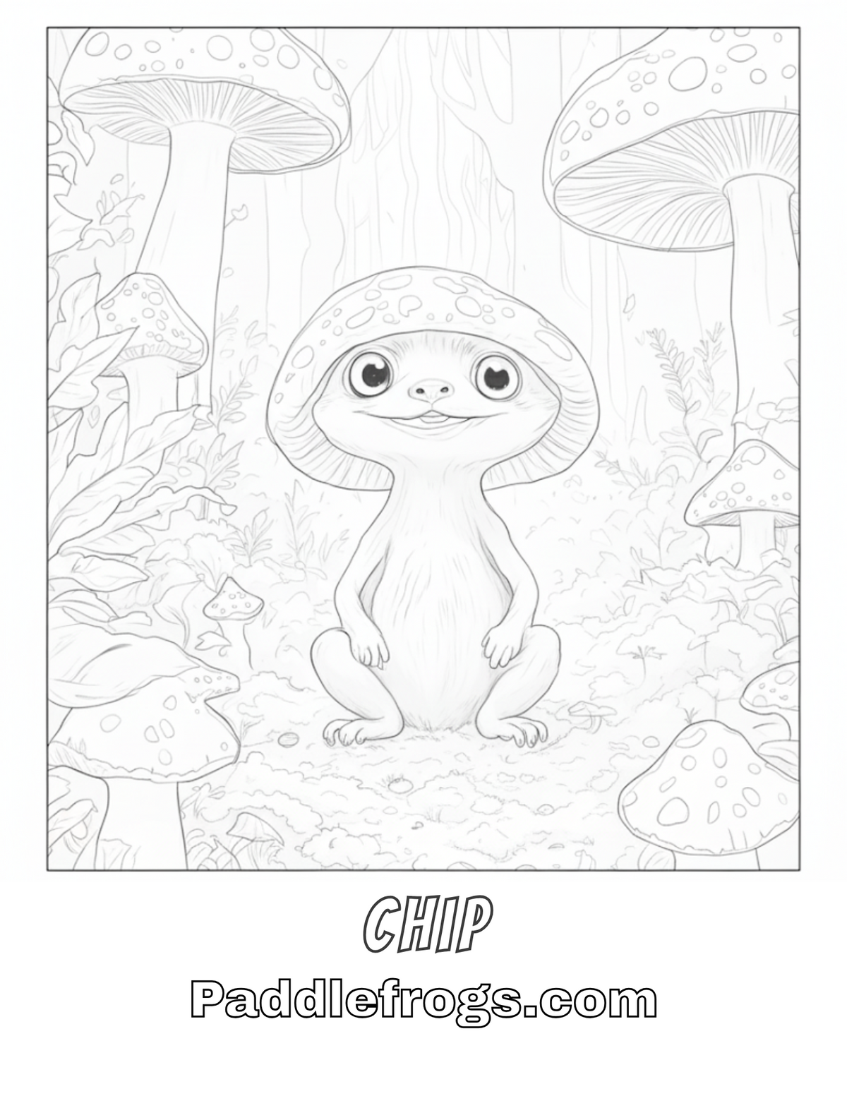 Chip the Chipmunk mushroom creature coloring sheet for kid. By Paddle Frogs Outdoor Gear