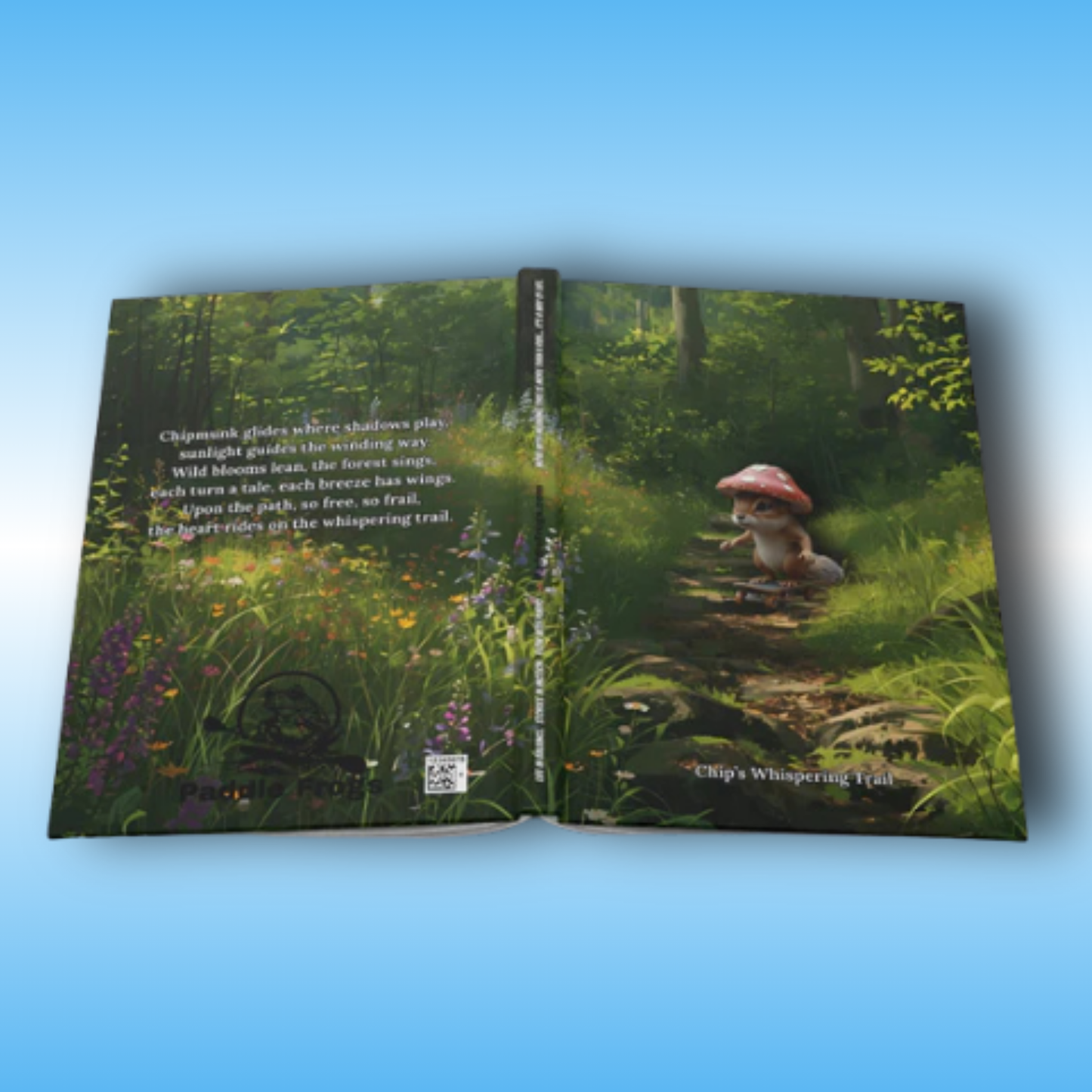 Chip’s Whispering Trail Journal – Paddle Frogs Hardcover Notebook for Kids & Writers | Open book with a forest scene and character on a blue background