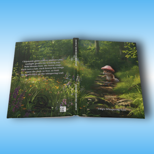 Chip’s Whispering Trail Journal – Paddle Frogs Hardcover Notebook for Kids & Writers | Open book with a forest scene and character on a blue background