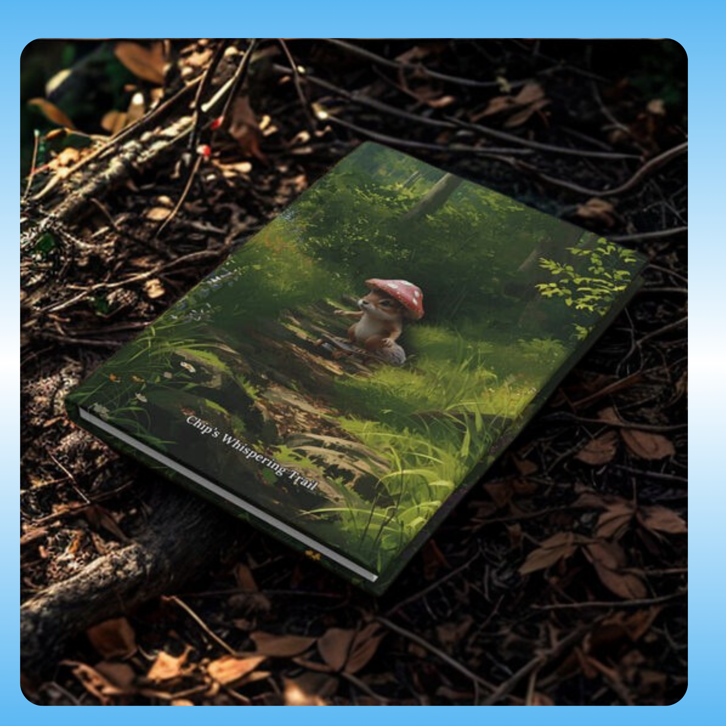 Chip’s Whispering Trail Journal – Paddle Frogs Skateboarding Chipmunk Hardcover Notebook for Kids & Writers - Front Cover forest scene perspective | Book titled 'Chip's Whispering Trail' with a forest design on a natural background