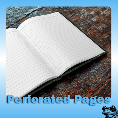 Chip’s Whispering Trail Journal – Paddle Frogs Skateboarding Chipmunk Hardcover Notebook for Kids & Writers -open book detail image | Open notebook with perforated pages on a wooden surface, text 'Perforated Pages' displayed.
