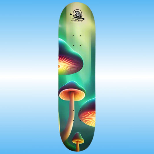 Chlorophyll Cruiser | Popsicle Stick Skateboard Deck by Paddle Frogs skate shop | Skateboard deck with colorful mushroom design on a blue gradient background