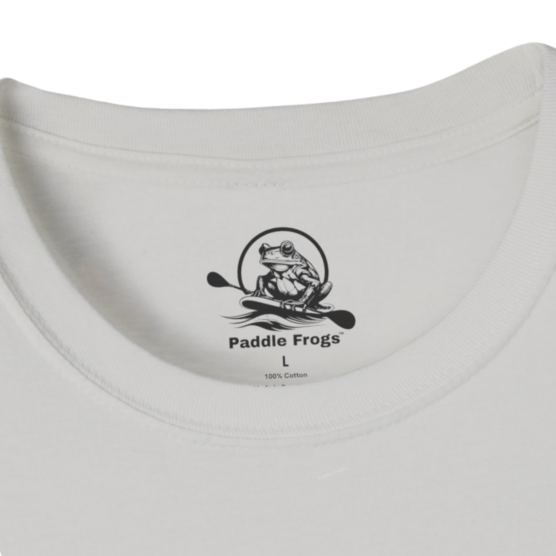 Ice grey t-shirt with a printed tag, 'Paddle Frogs' logo on a white background