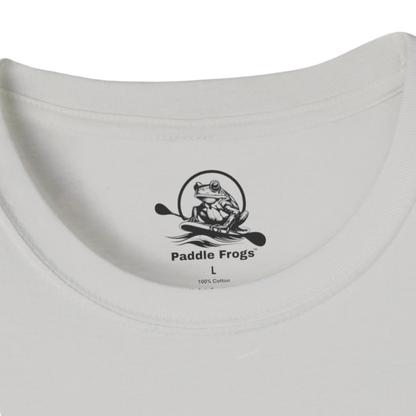 Ice grey t-shirt with a printed tag, 'Paddle Frogs' logo on a white background