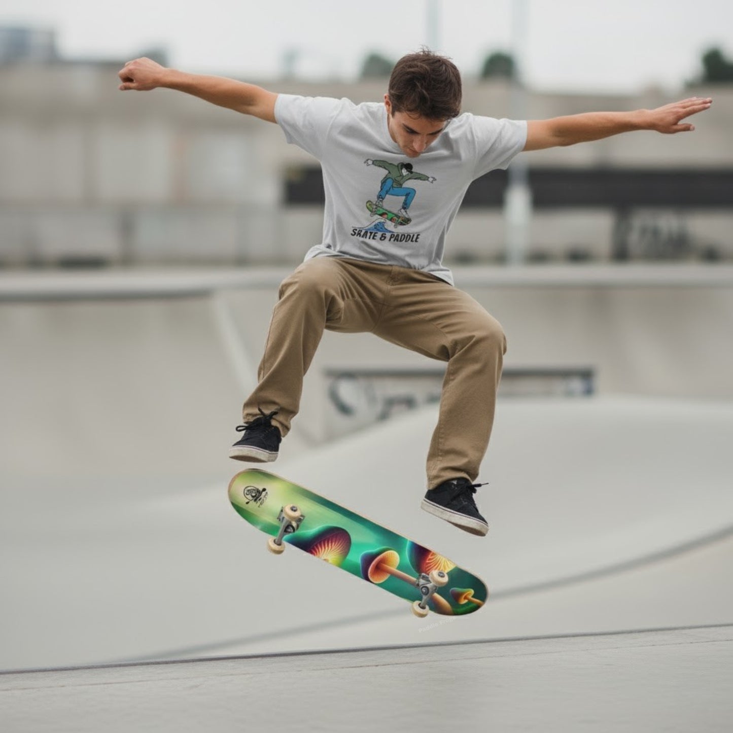 Person skateboarding in mid-air at a skate park Chlorophyll Cruiser Skate & Paddle Ice Grey color skater T-Shirt  male crew member Shared an ollie image