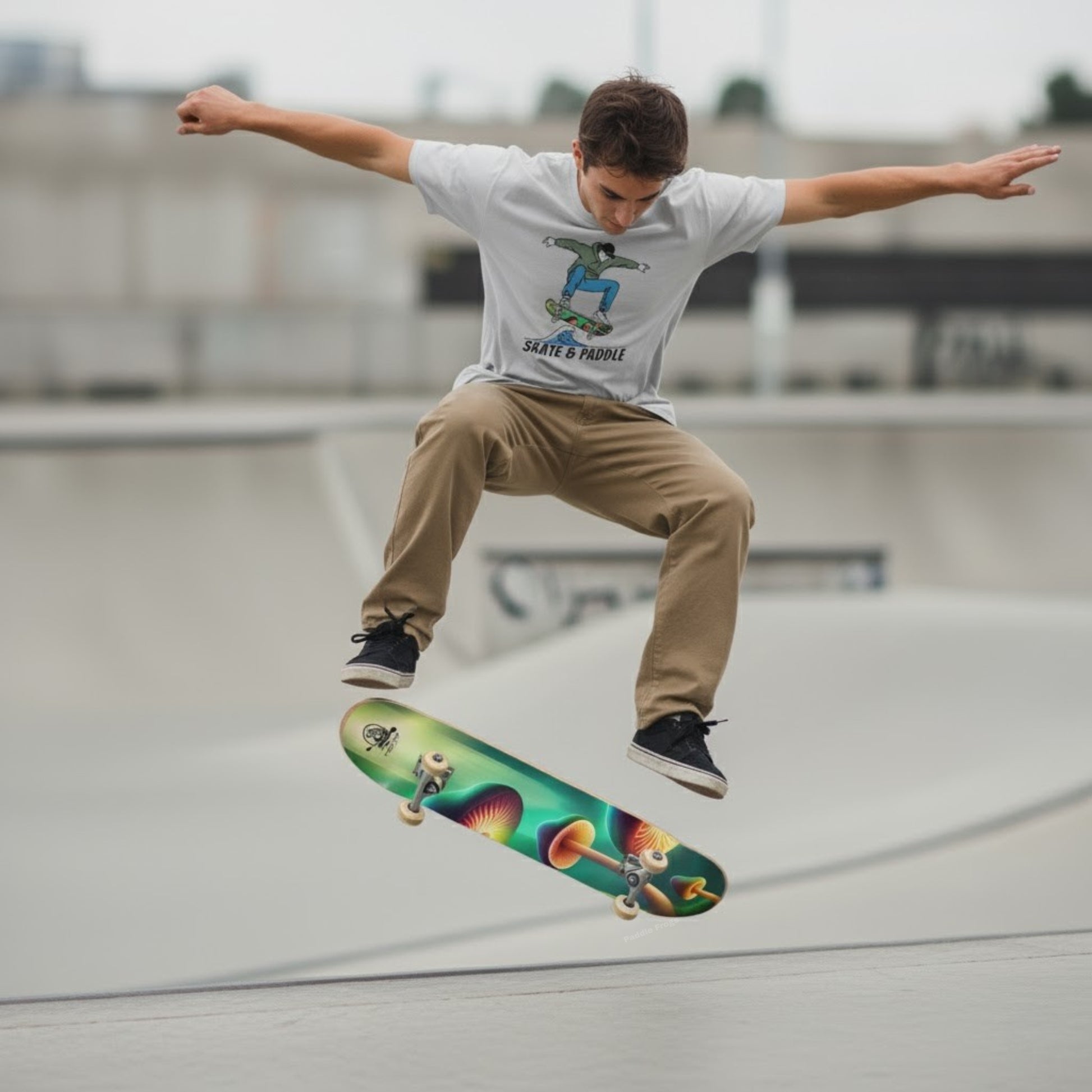 Person skateboarding in mid-air at a skate park Chlorophyll Cruiser Skate & Paddle Ice Grey color skater T-Shirt  male crew member Shared an ollie image