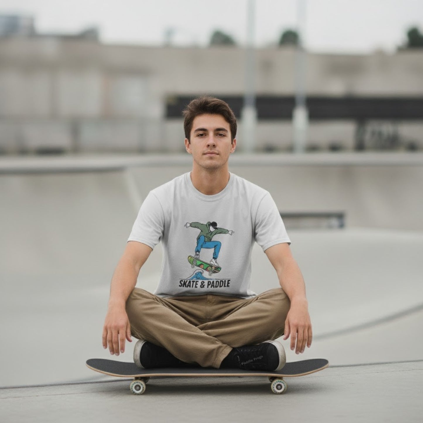 Chlorophyll Cruiser Skate & Paddle Ice Grey color skater T-Shirt  male crew member sits crisscross applesauce