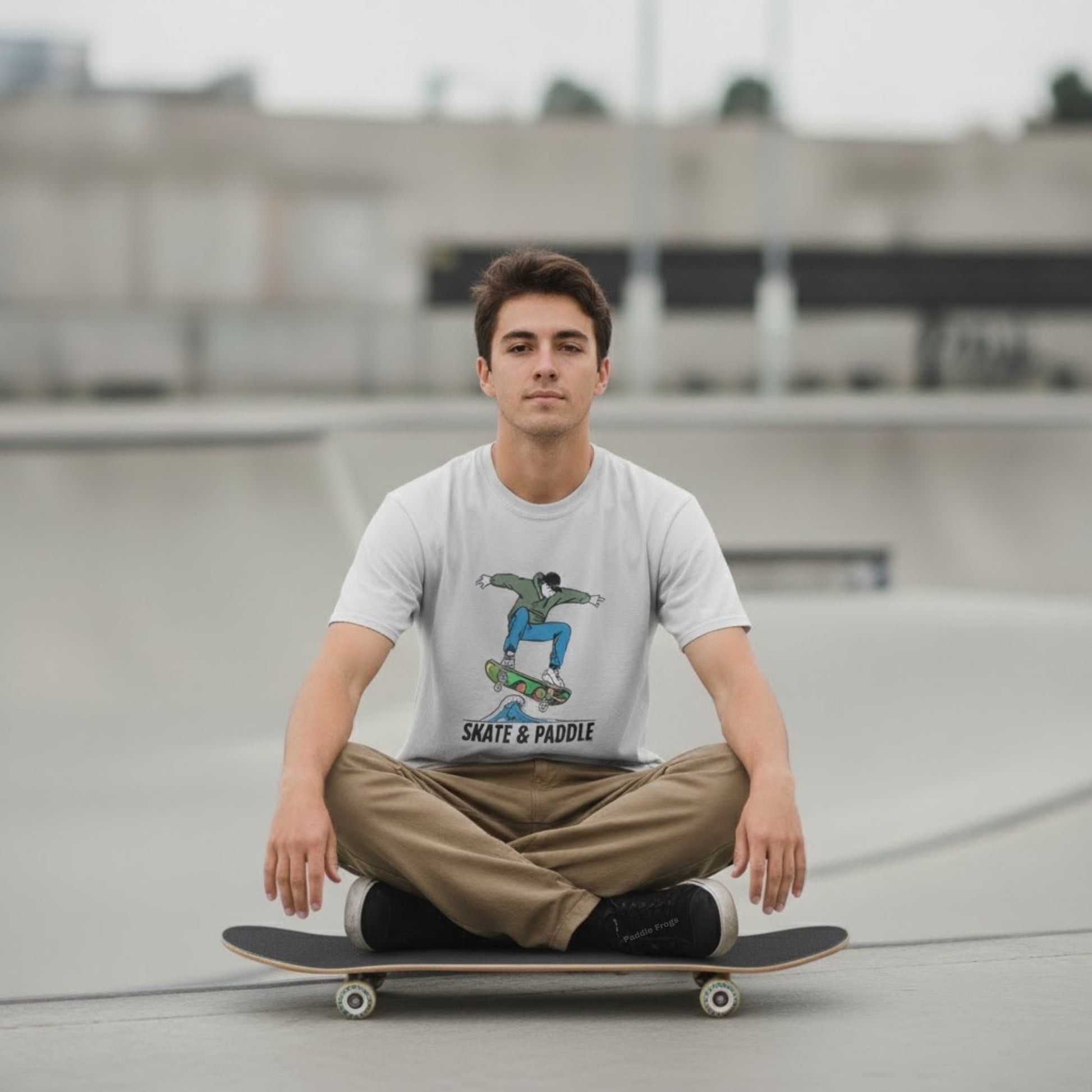 Chlorophyll Cruiser Skate & Paddle Ice Grey color skater T-Shirt  male crew member sits crisscross applesauce
