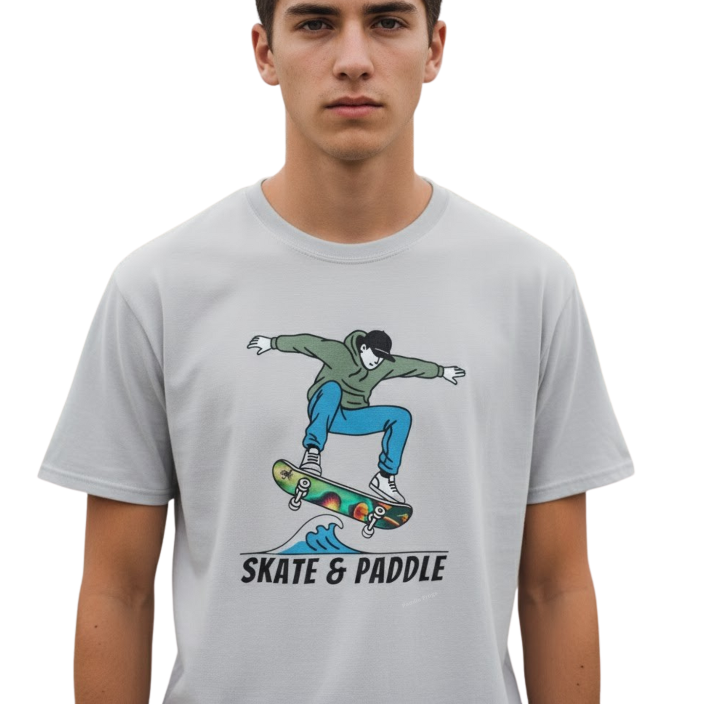 Chlorophyll Cruiser Skate & Paddle Ice Grey color skater Tee a crew member model on a transparent background