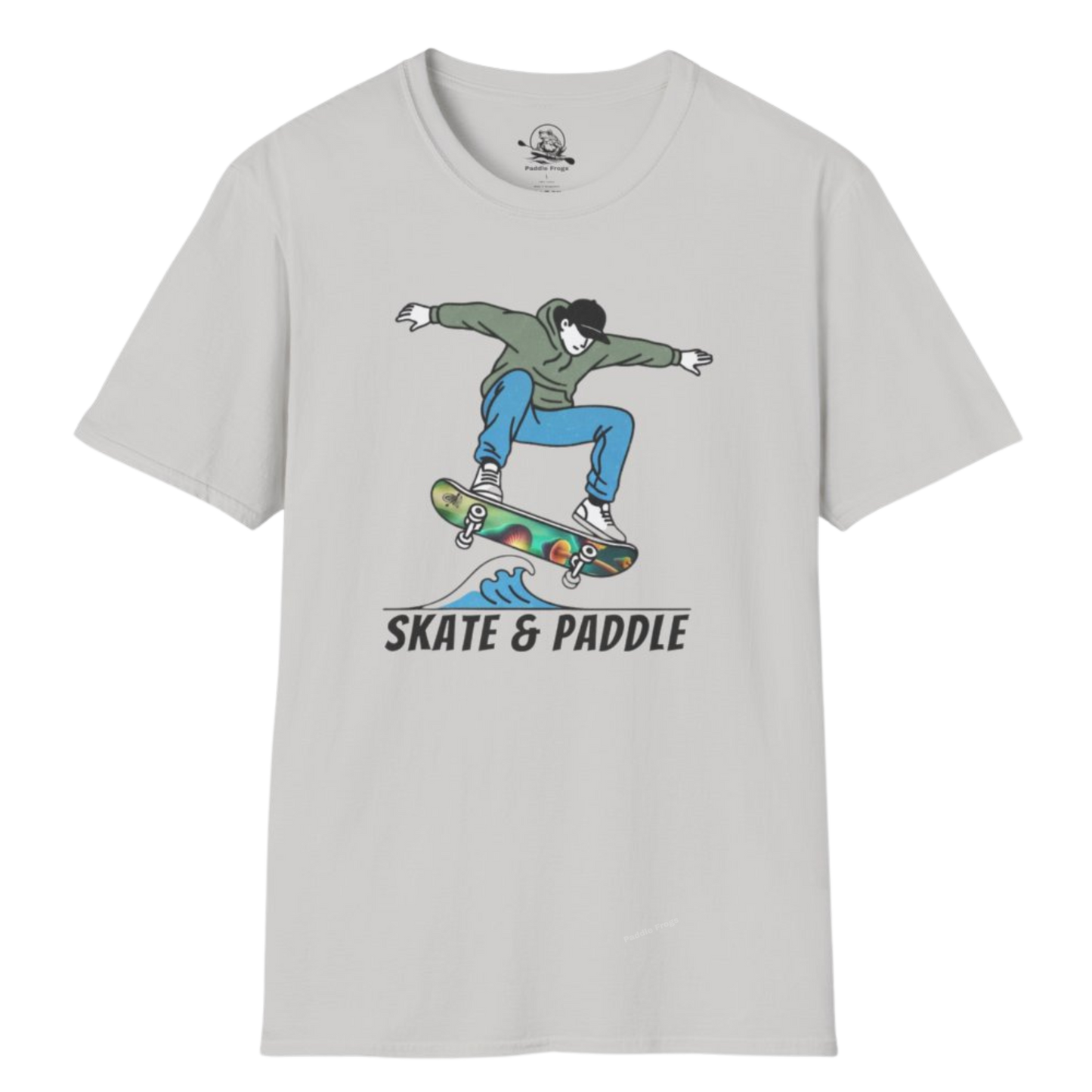 Chlorophyll Cruiser Skate & Paddle Ice Grey color skater Tee with a graphic of a skateboarder on a transparent background