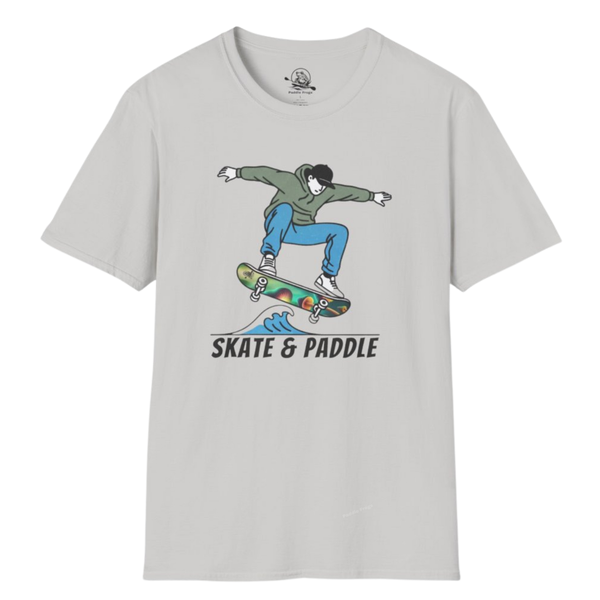 Chlorophyll Cruiser Skate & Paddle Ice Grey color skater Tee with a graphic of a skateboarder on a transparent background