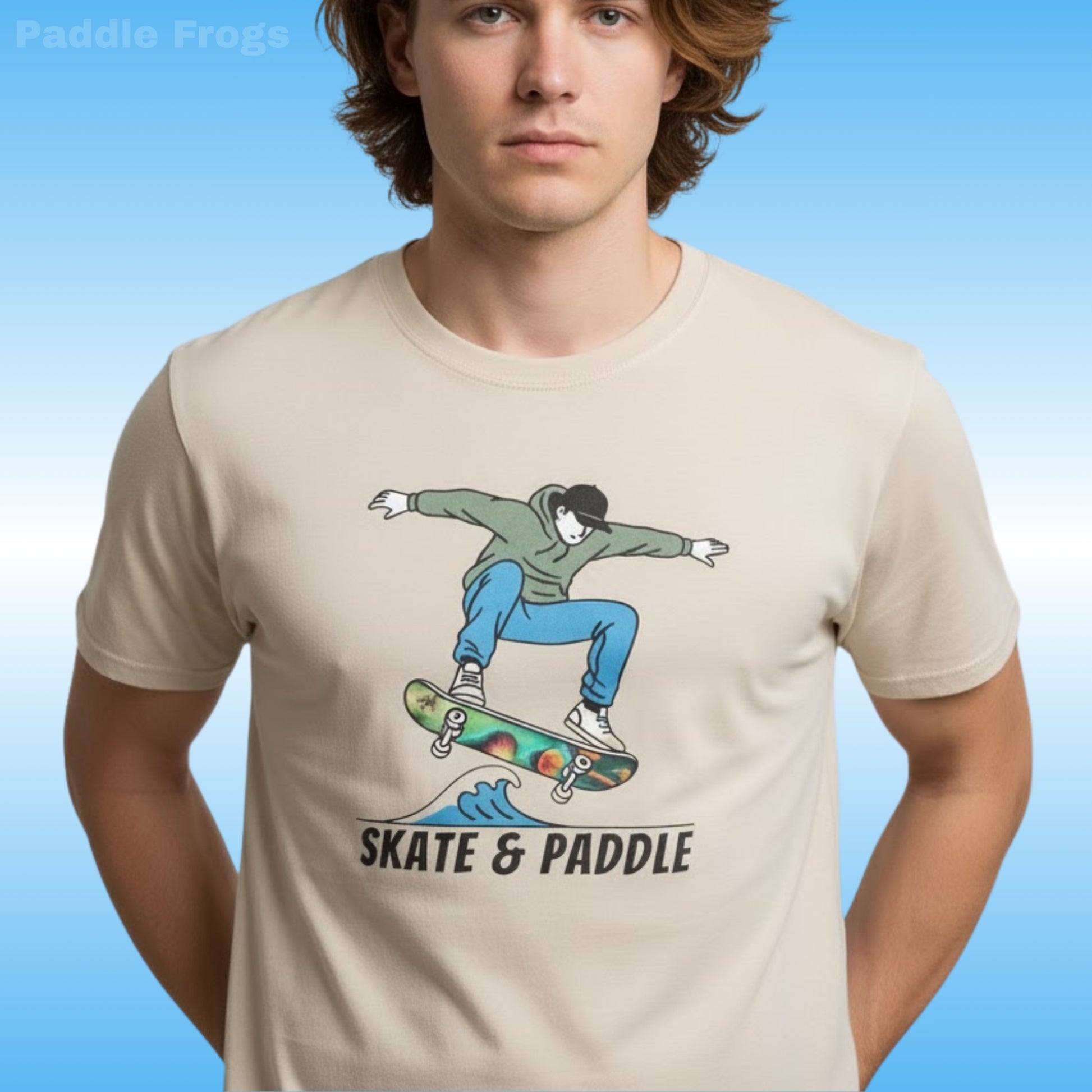 Chlorophyll Cruiser Skate & Paddle Sand Tan t-shirt on a blue background