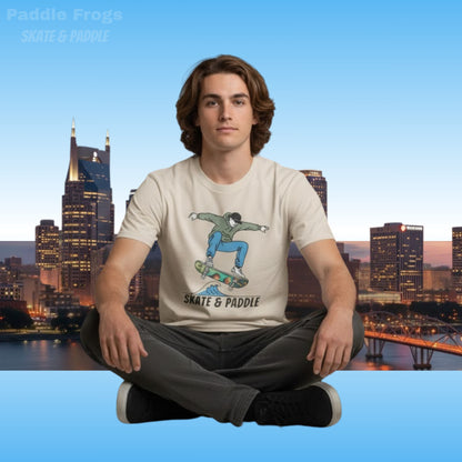 Chlorophyll Cruiser Skate & Paddle Sand Tan t-shirt sitting crisscross applesauce in Nashville TN
