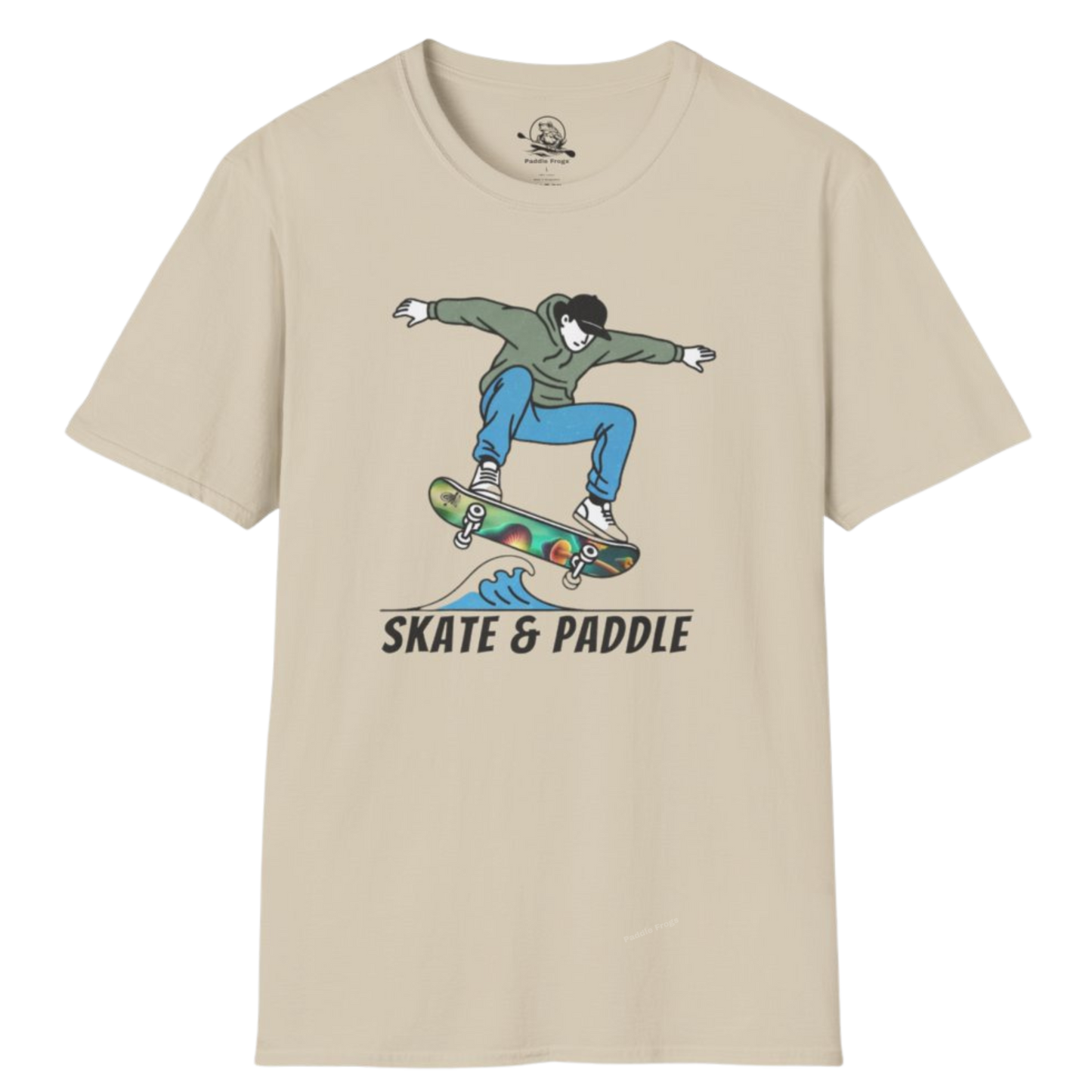 Chlorophyll Cruiser Skate & Paddle Sand tan color skater Tee with a graphic of a skateboarder on a transparent background  