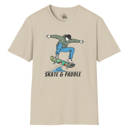 Chlorophyll Cruiser Skate & Paddle Sand tan color skater Tee with a graphic of a skateboarder on a transparent background  