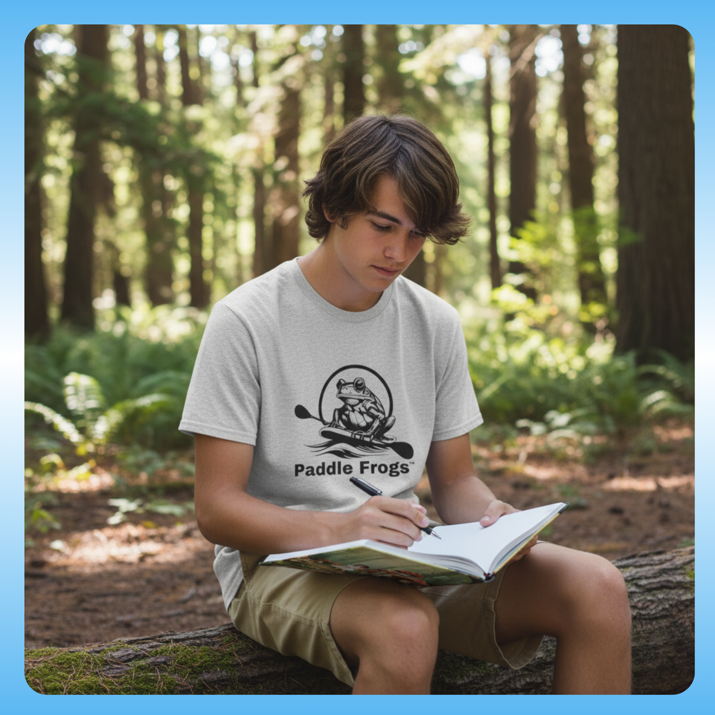 Classic Tagless T-shirt in Grey by Paddle Frogs Outdoor Gear | young man writing in his journal