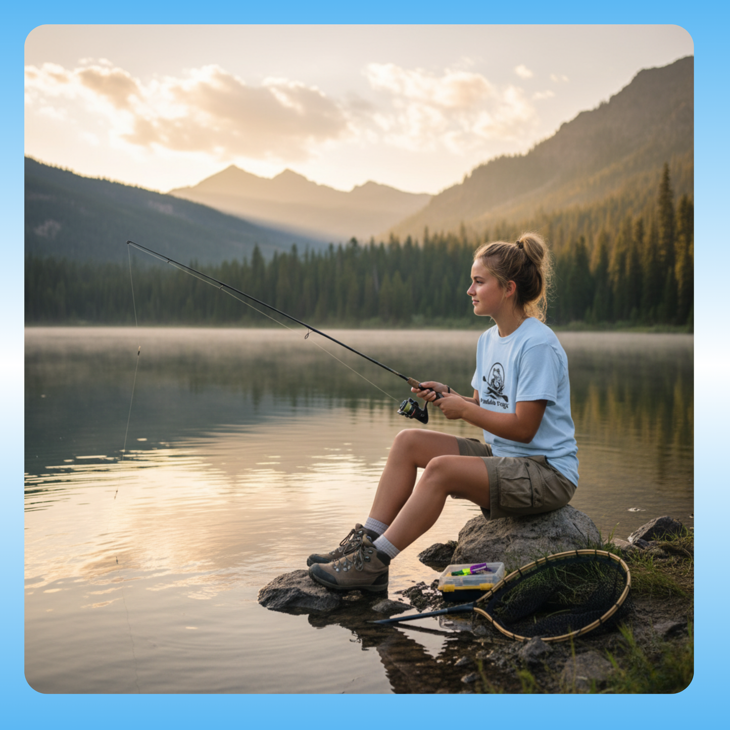 Classic Tagless T-shirt in Grey by Paddle Frogs Outdoor Gear Young lady teenager fishing at lake | Woman fishing on a rock by a lake with mountains in the background
