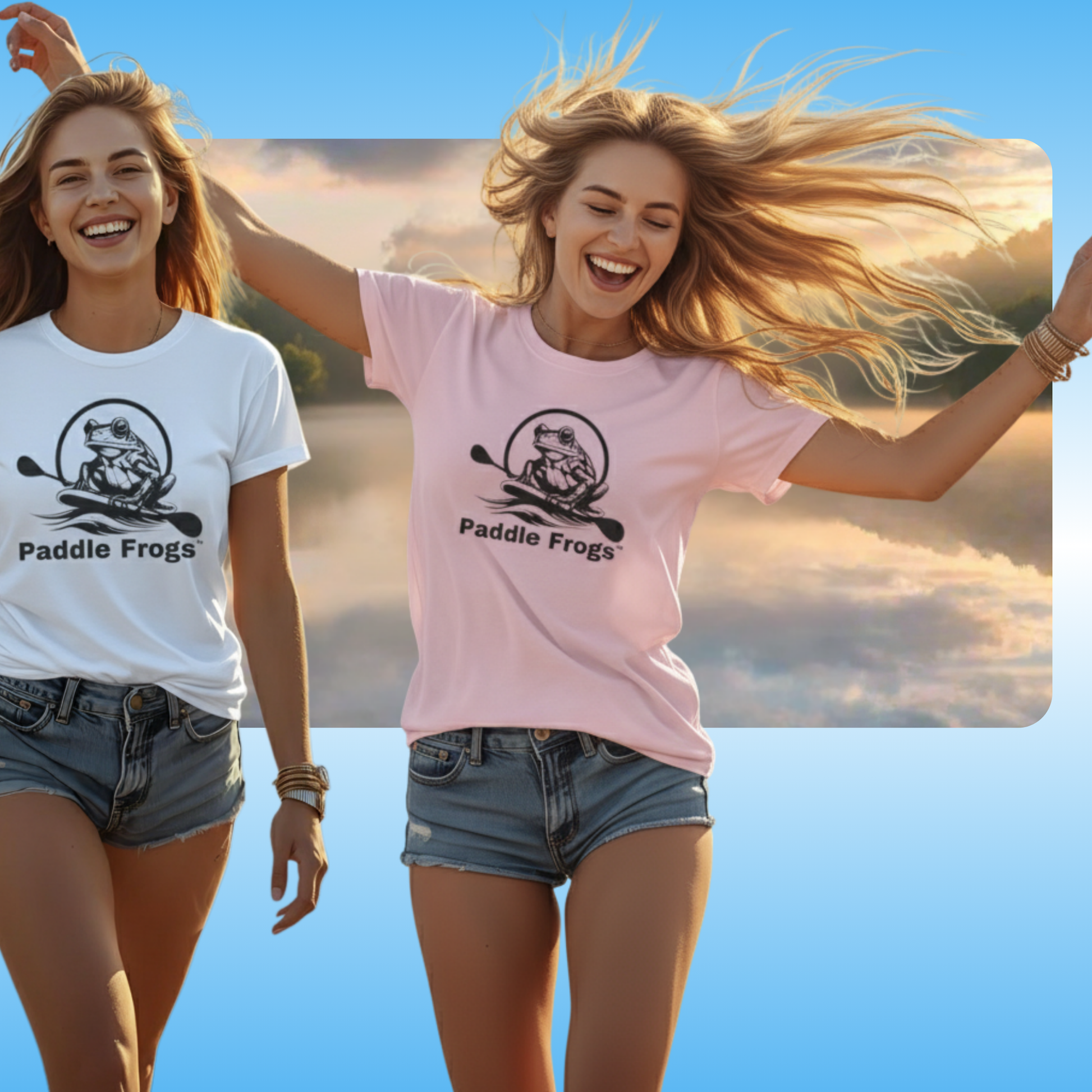 Classic Tagless Ultra Cotton | Paddle Frogs™ T-shirts worn by Susan  in white and pink | Two women wearing 'Paddle Frogs' t-shirts with a scenic background.