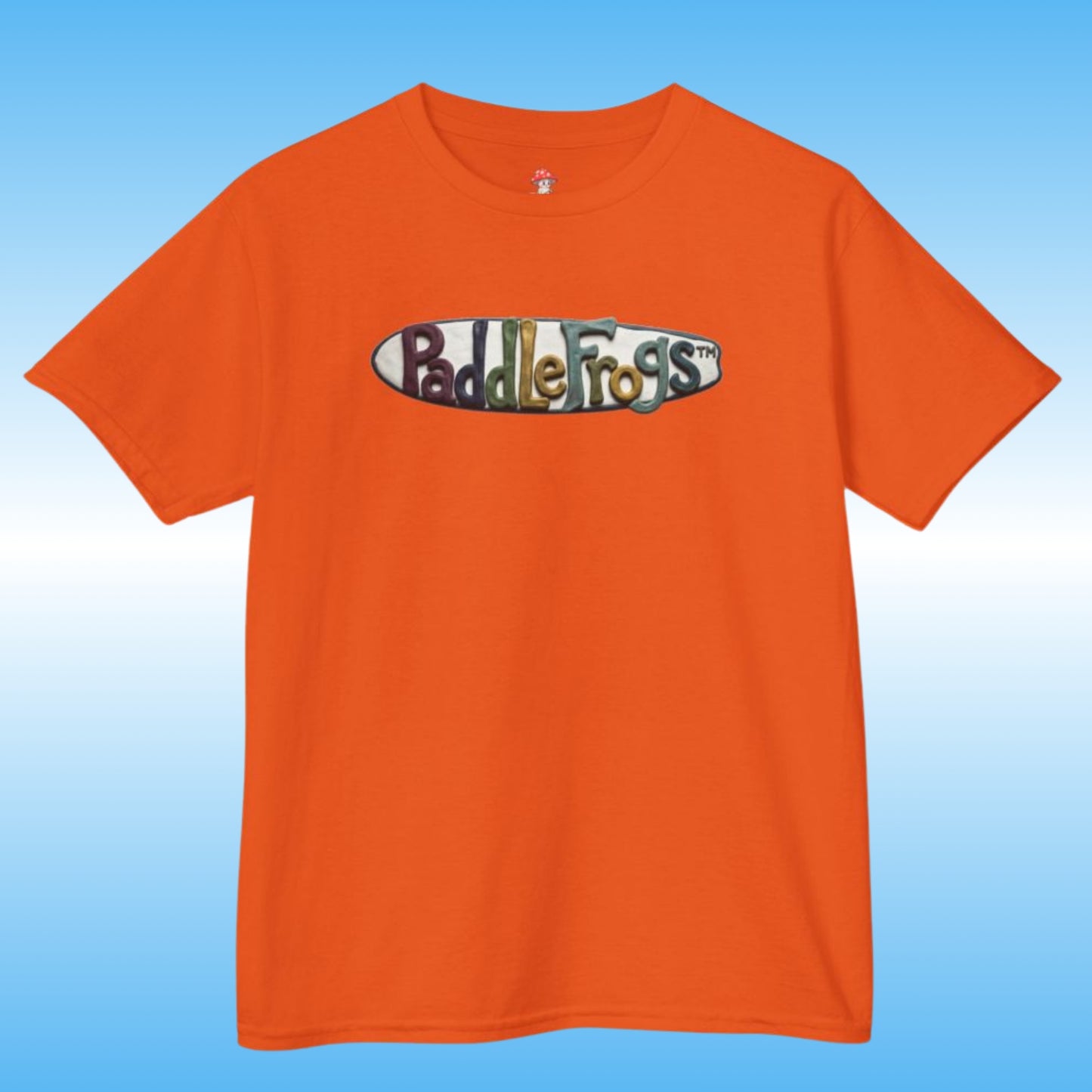 An orange short-sleeve crewneck t-shirt featuring a colorful graphic Claymation paddleboard SUP Tee by Paddle Frogs kids