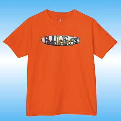 An orange short-sleeve crewneck t-shirt featuring a colorful graphic Claymation paddleboard SUP Tee by Paddle Frogs kids
