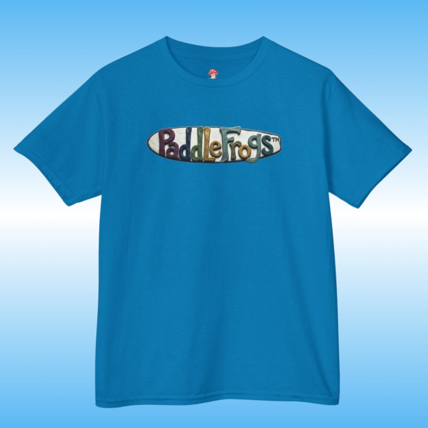 A bright blue short-sleeve crewneck t-shirt featuring Claymation paddleboard SUP Tee by Paddle Frogs kids