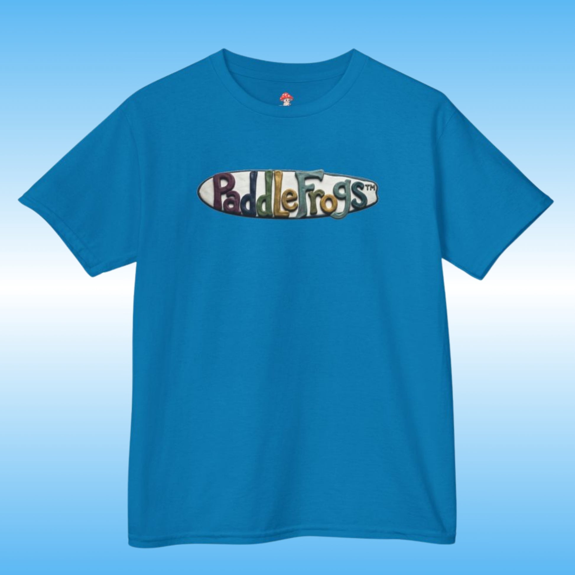 A bright blue short-sleeve crewneck t-shirt featuring Claymation paddleboard SUP Tee by Paddle Frogs kids