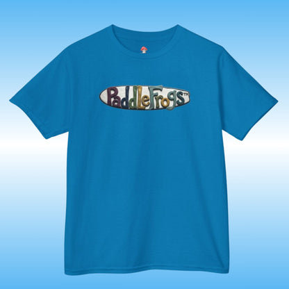 A bright blue short-sleeve crewneck t-shirt featuring Claymation paddleboard SUP Tee by Paddle Frogs kids