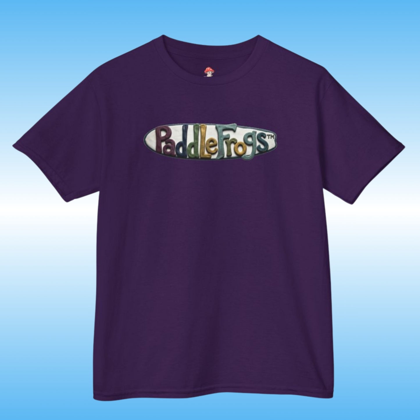 A purple short-sleeve crewneck t-shirt featuring Claymation paddleboard SUP Tee by Paddle Frogs kids