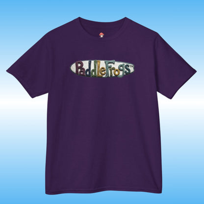 A purple short-sleeve crewneck t-shirt featuring Claymation paddleboard SUP Tee by Paddle Frogs kids