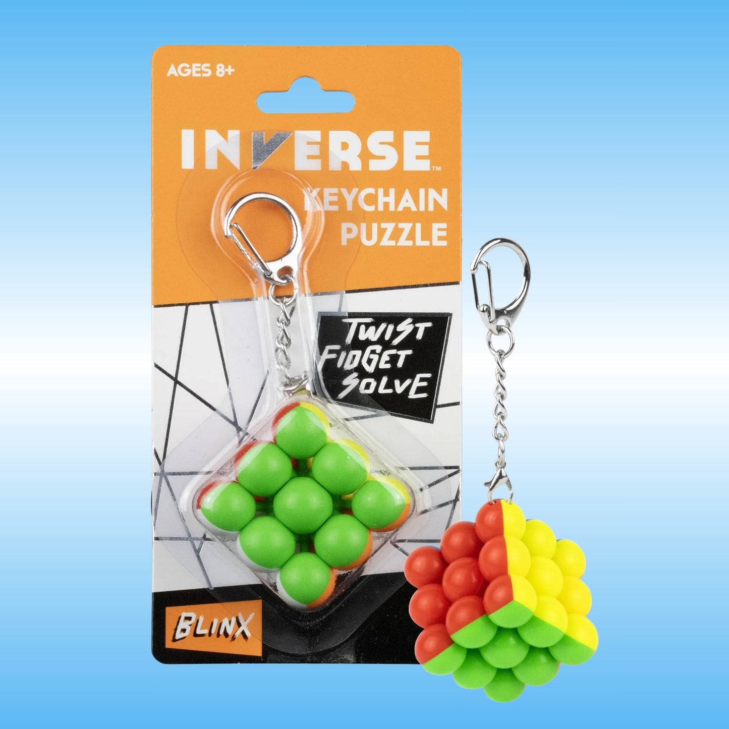 Blinx Inverse Keychain Puzzle toy shown on its orange retail card, with the twist-fidget keychain detached and displayed in front against a light blue gradient background.