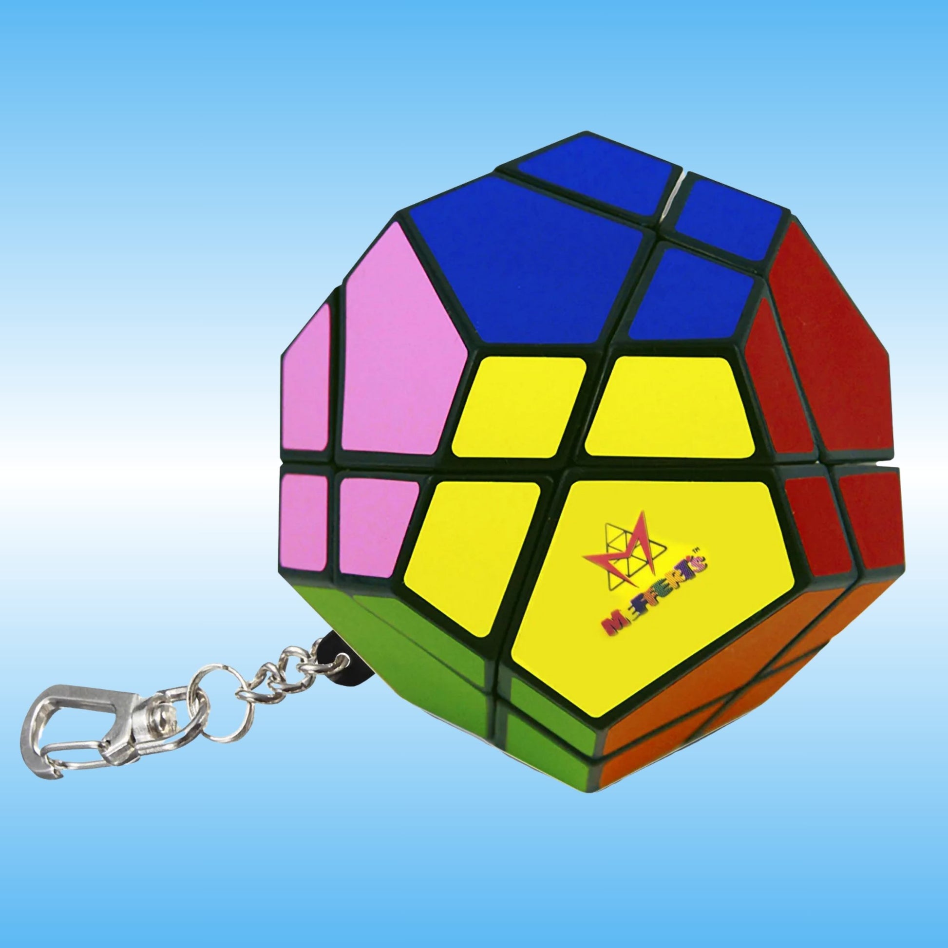 A 20-sided polyhedral twisty puzzle keychain with a silver carabiner, featuring multiple brightly colored faces (blue, red, yellow, pink, green, orange) separated by black plastic, with a red and black logo on one face, set against a light blue gradient background.
