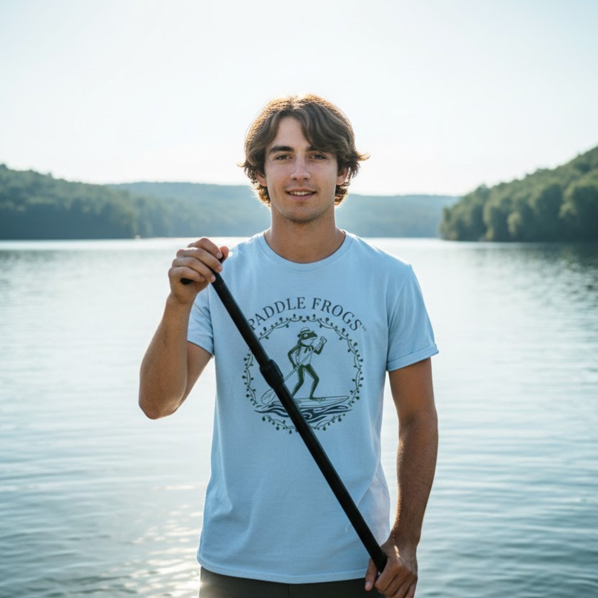 Country Paddler - | Paddle Frogs: T-shirt | a light blue paddleboarding  tee crew model Kyle at Chickamauga Lake TN