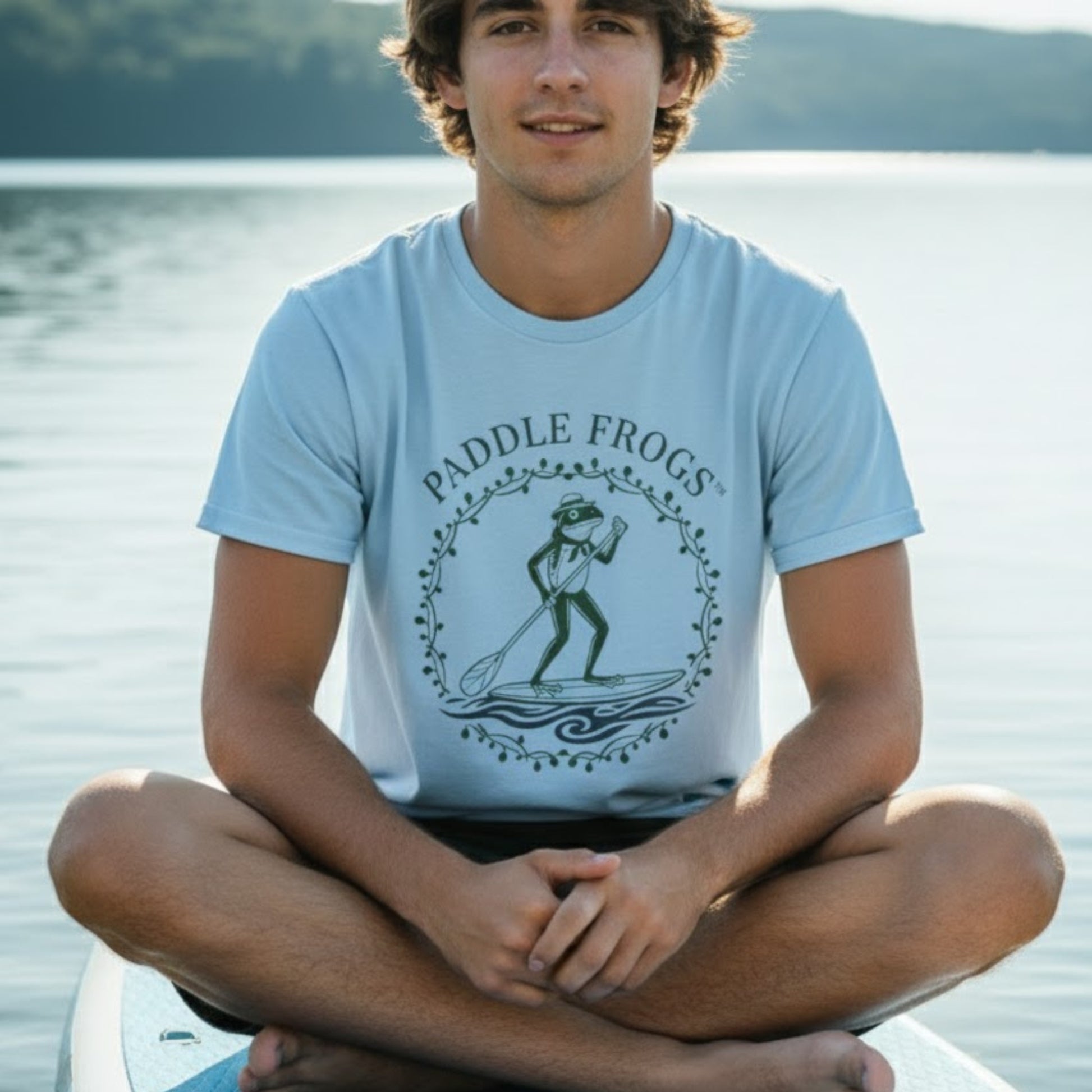 Country Paddler - | Paddle Frogs: T-shirt | a light blue paddleboarding  tee crew model Kyle sitting crisscross applesauce Chickamauga Lake TN