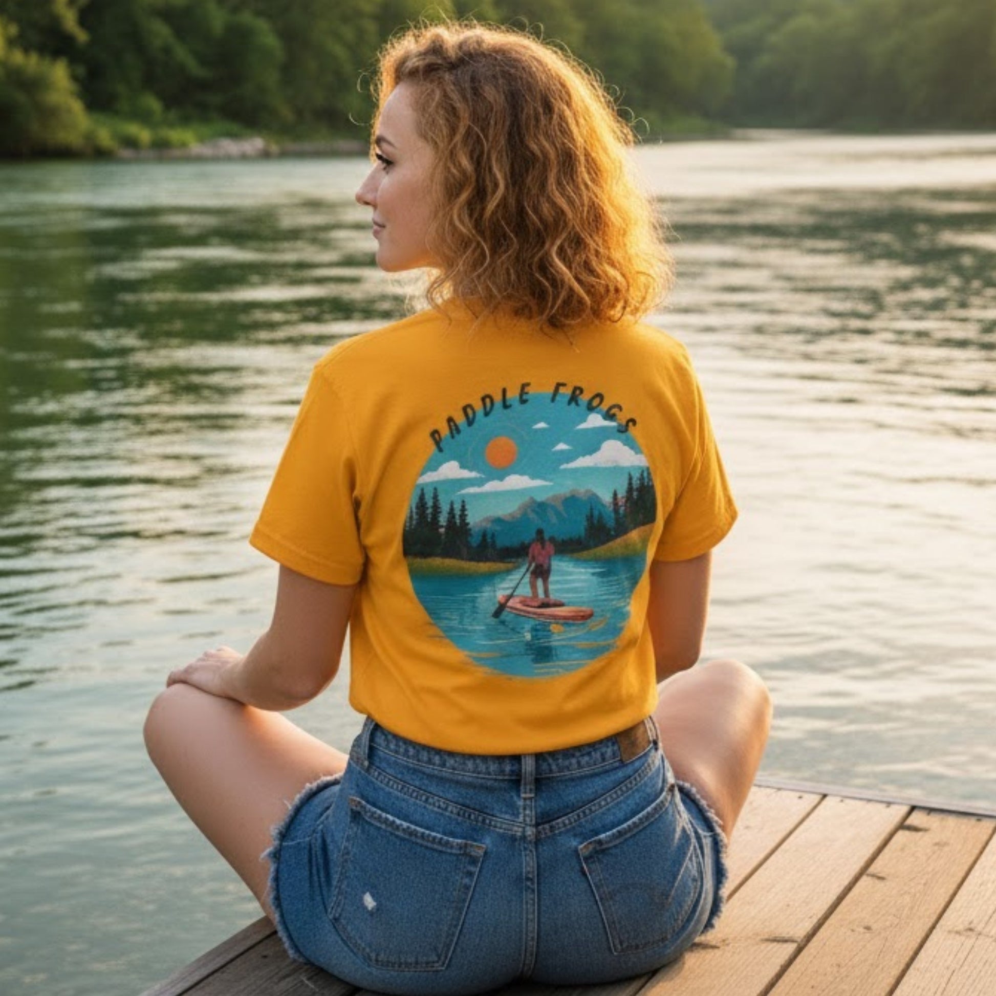 Cove paddleboarding tee Paddle Frogs™ Backside Golden Yellow Tee at the lake sitting crisscross applesauce
