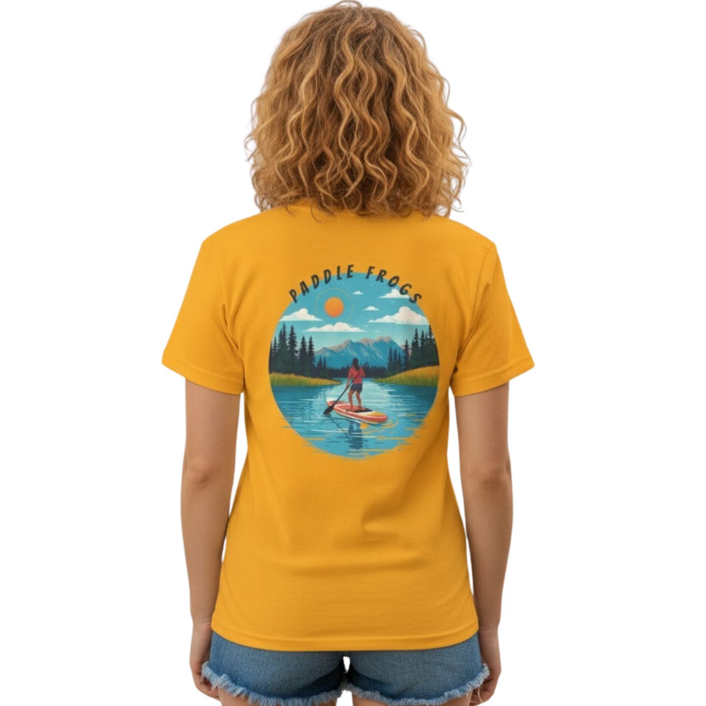 Cove paddleboarding tee Paddle Frogs™ Backside Golden Yellow Tee on a transparent background