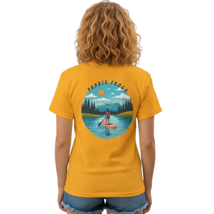 Cove paddleboarding tee Paddle Frogs™ Backside Golden Yellow Tee on a transparent background
