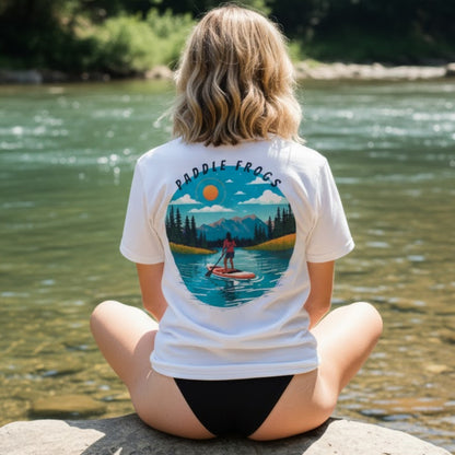 Cove paddleboarding tee Paddle Frogs™ White backside at the Hiwassee River in Tennessee Sitting crisscross applesauce