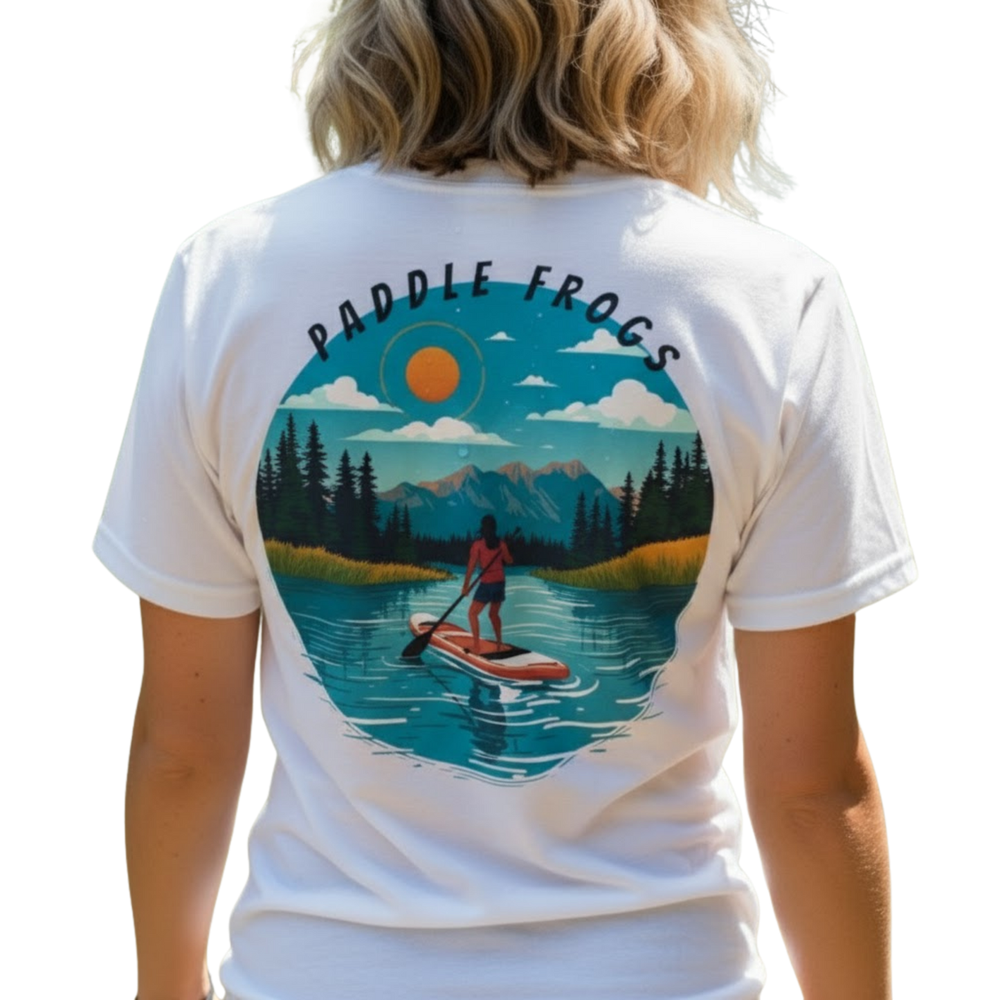 Person wearing a white t-shirt with 'Paddle Frogs' design on the back on a transparent background