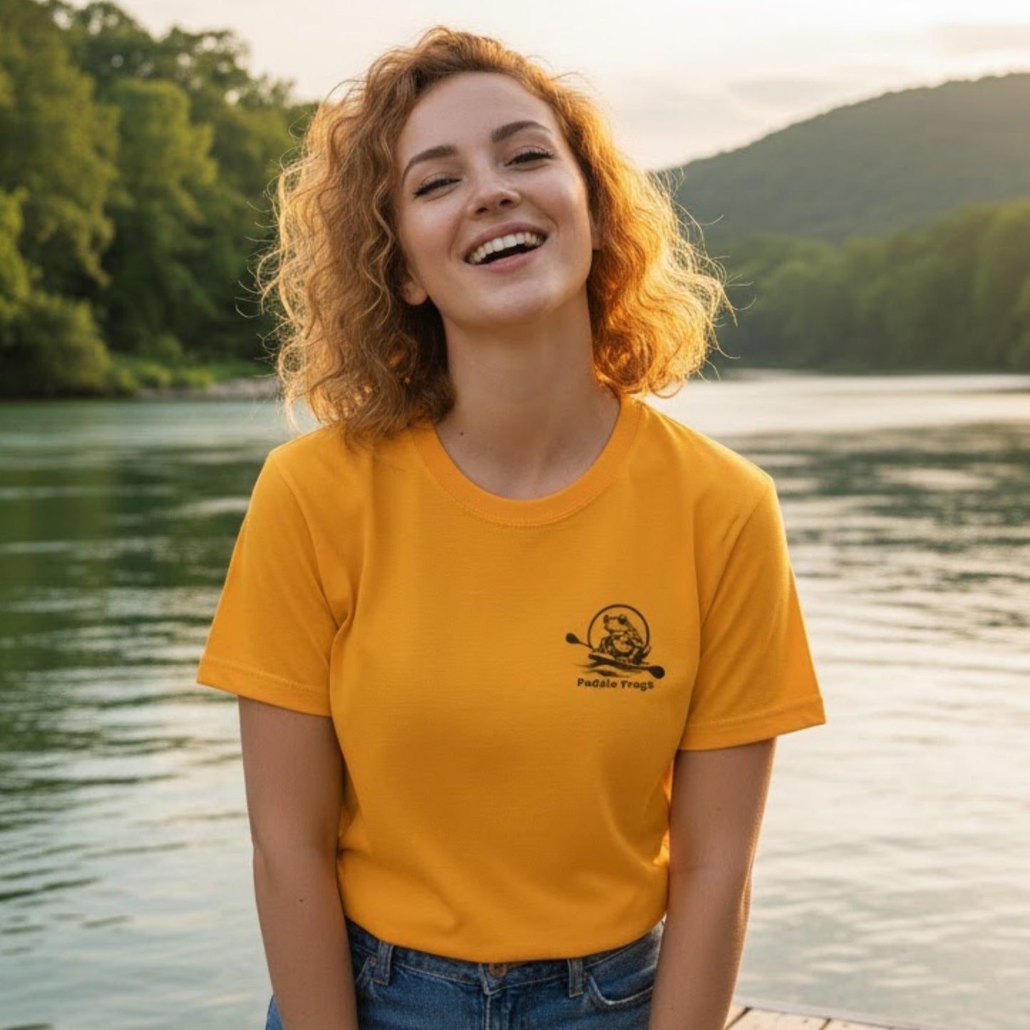 Cove paddleboarding tee Paddle Frogs™ frontside Golden Yellow Tee at the lake