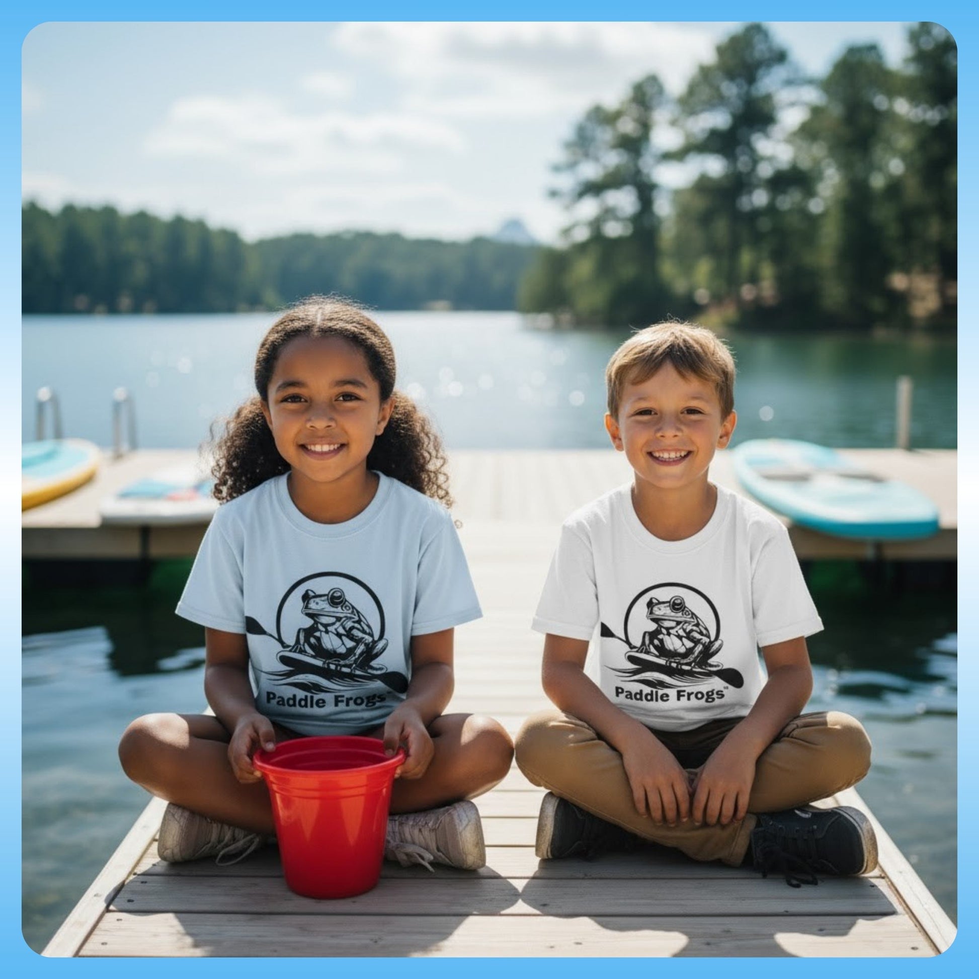 Two children sitting on a dock by a lake, wearing 'Paddle Frogs' t-shirts. | Crisscross Applesauce in light blue and white - Kids Tee (Big Fit) 7 Colors | Paddle Frogs Kids