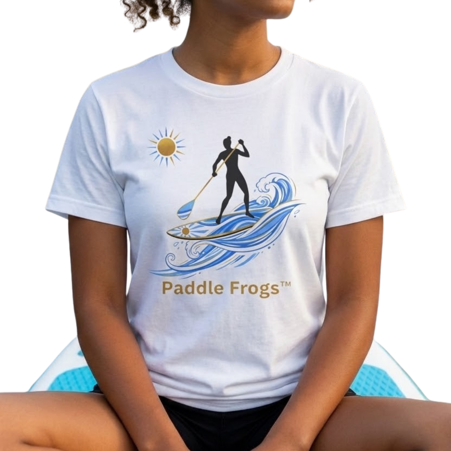 Crisscross applesauce on the Divine Escape paddle board wearing the "Sun Stoke" High-Quality Stand-Up Paddleboard T-Shirt – Premium Ring-Spun Cotton SUP Tee White on a transparent background