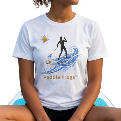 Crisscross applesauce on the Divine Escape paddle board wearing the "Sun Stoke" High-Quality Stand-Up Paddleboard T-Shirt – Premium Ring-Spun Cotton SUP Tee White on a transparent background