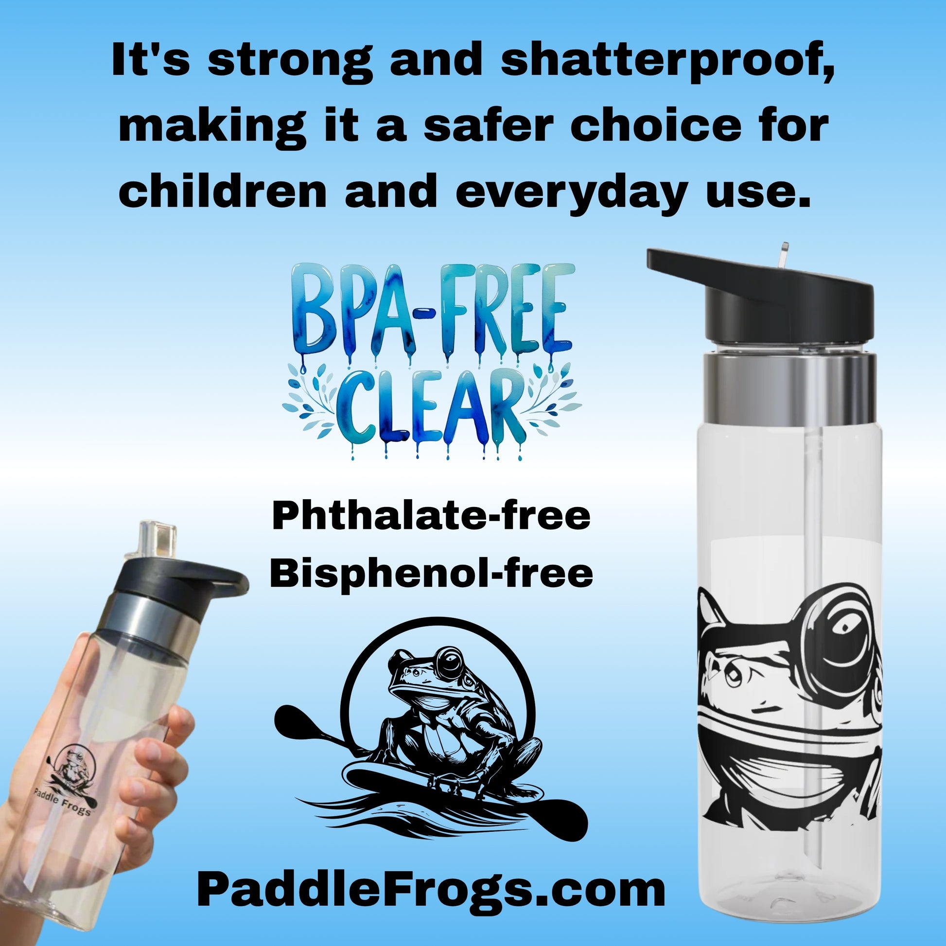 Paddle Frogs™ ultra-tough Tritan™ bottles are BPA-free, Phthalate-free, Bisphenol-free, leak-resistant, and perfect for school, trails, or paddling days. Many schools now require clear bottles| Paddle Frogs keeps you ready, wild, and within the rules.